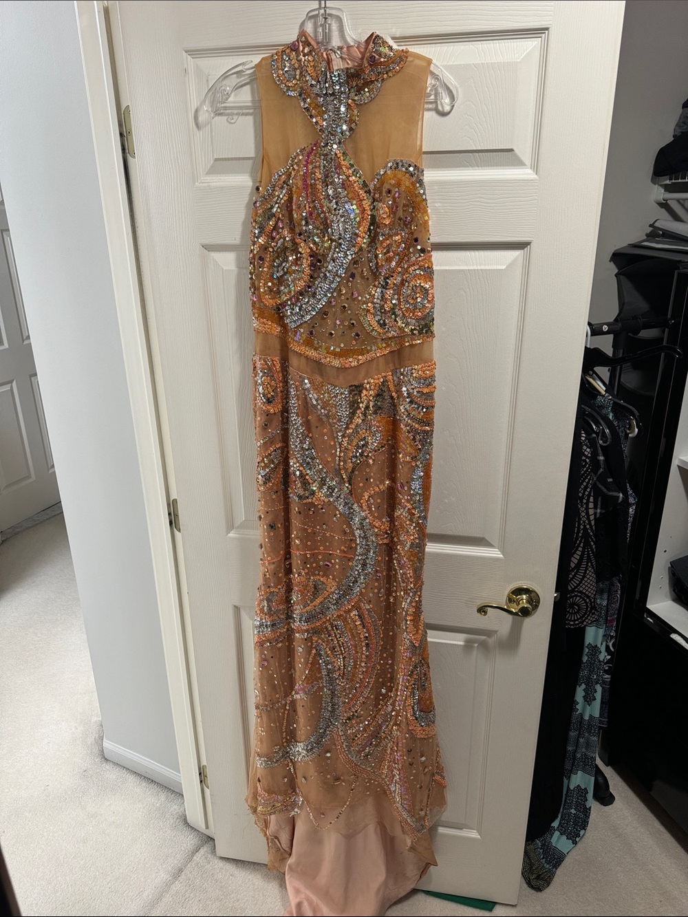 Beaded Peach Halter Prom Dress with Sheer Accents